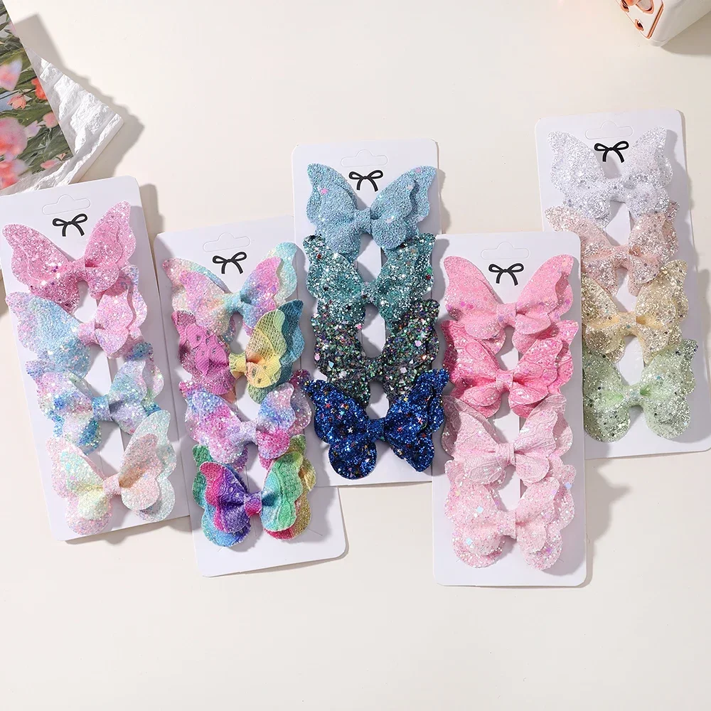 4Pcs Girls Cute Sequins Double Butterfly Hair Clip Bow Hairpins DIY Headwear Bow Decor Hairgrip Children Hair Accessories