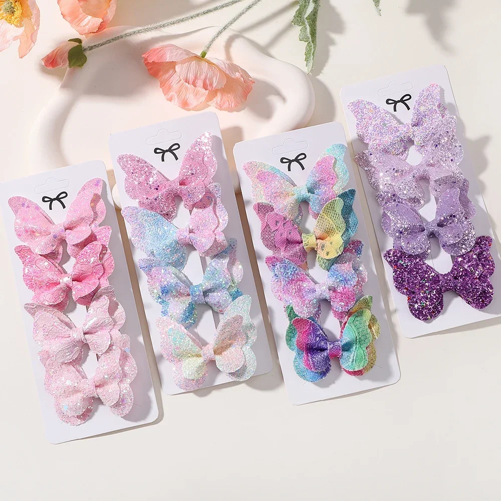 4Pcs Girls Cute Sequins Double Butterfly Hair Clip Bow Hairpins DIY Headwear Bow Decor Hairgrip Children Hair Accessories
