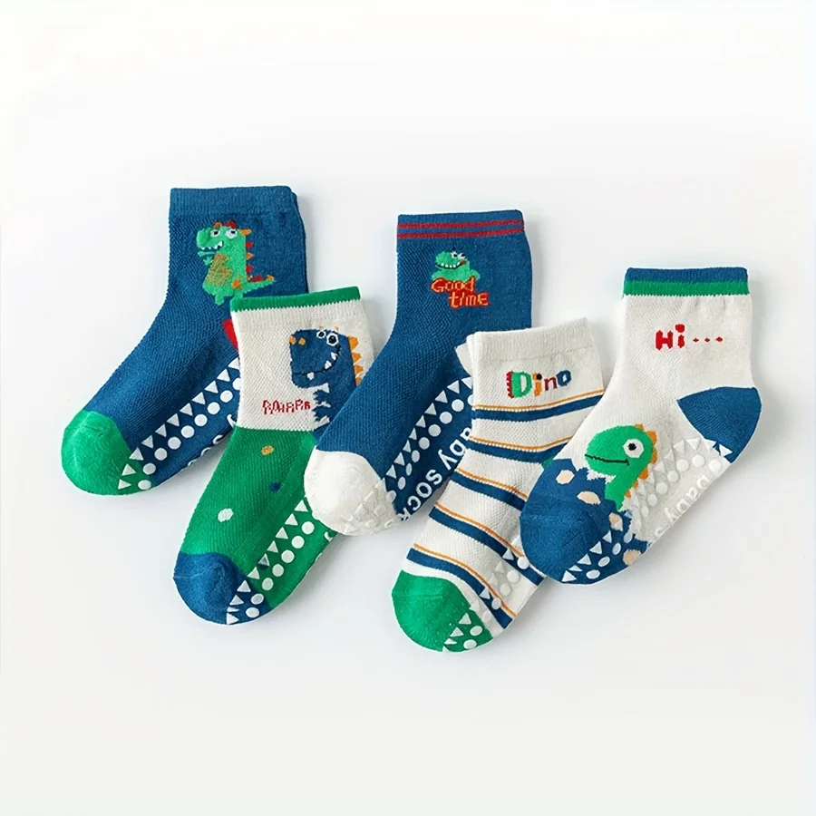 5 Pairs of Floor Socks Cartoon Glue Floor Socks Letter Stripes Animal Dinosaur Baby Socks for Boys and Girls Soft Bottom Indoor Non-Slip Socks Suitable for Daily Life