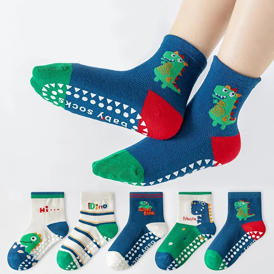 5 Pairs of Floor Socks Cartoon Glue Floor Socks Letter Stripes Animal Dinosaur Baby Socks for Boys and Girls Soft Bottom Indoor Non-Slip Socks Suitable for Daily Life