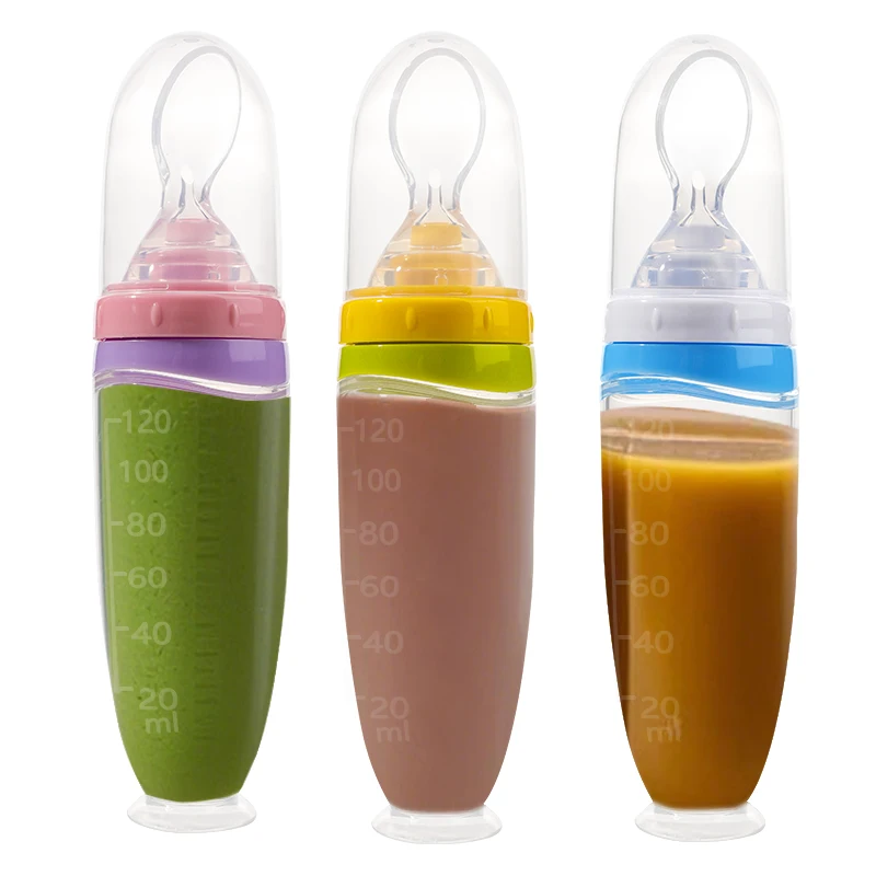 120 ML/4 oz Infant Baby Liquid Silicone Food Squeeze Feeder | Fruit Puree & Rice Paste Dispenser | Detachable Spoon