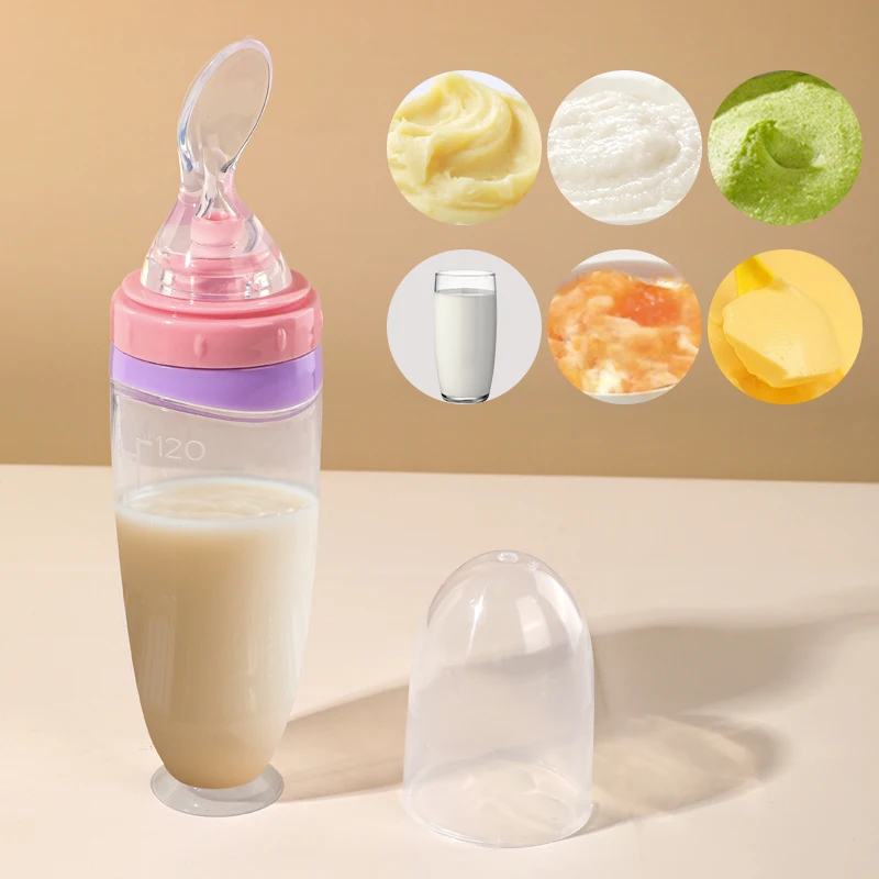 120 ML/4 oz Infant Baby Liquid Silicone Food Squeeze Feeder | Fruit Puree & Rice Paste Dispenser | Detachable Spoon