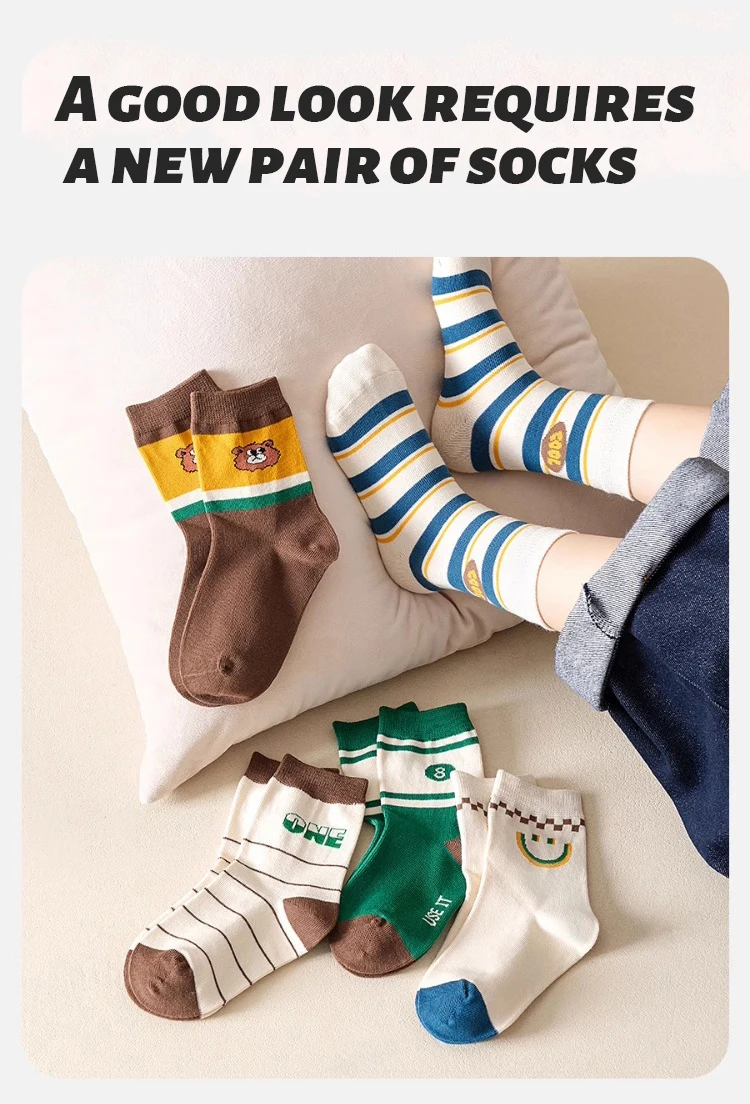5Pairs Kids Mid‑Calf Socks Autumn Cartoon Striped Soft Breathable Boys Girls Casual Children Socks Set