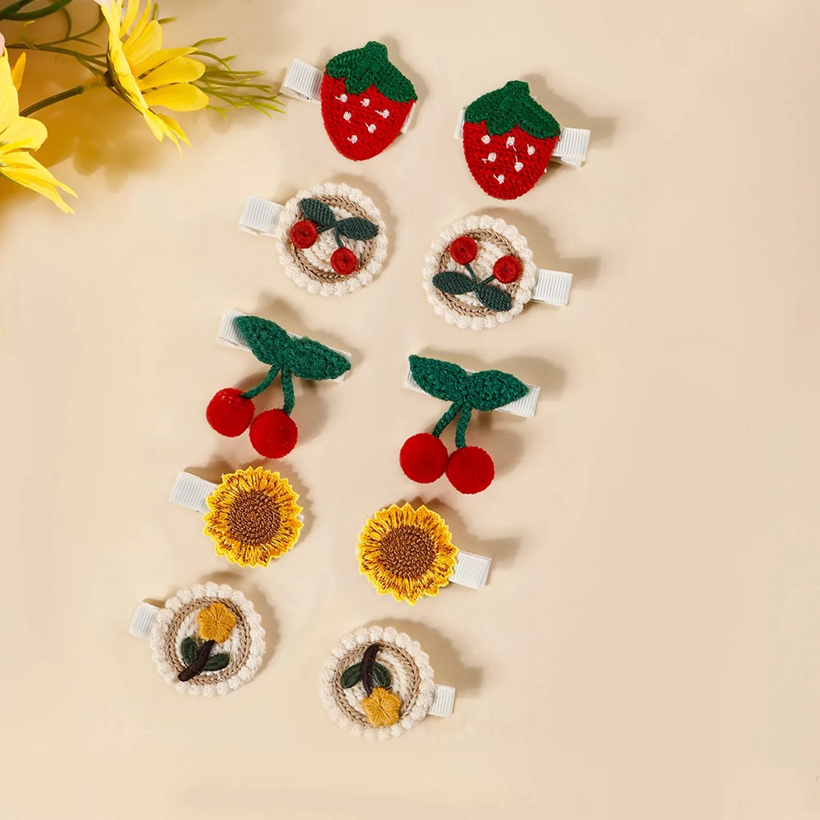 10Pcs Strawberry Cherry Sunflower Cloth Clip Baby Cute Combination Hairpin Children's Hair Accessories For Taking Photos Outside
