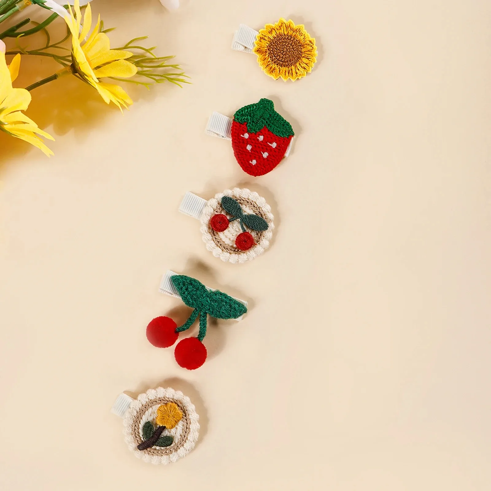 10Pcs Strawberry Cherry Sunflower Cloth Clip Baby Cute Combination Hairpin Children's Hair Accessories For Taking Photos Outside