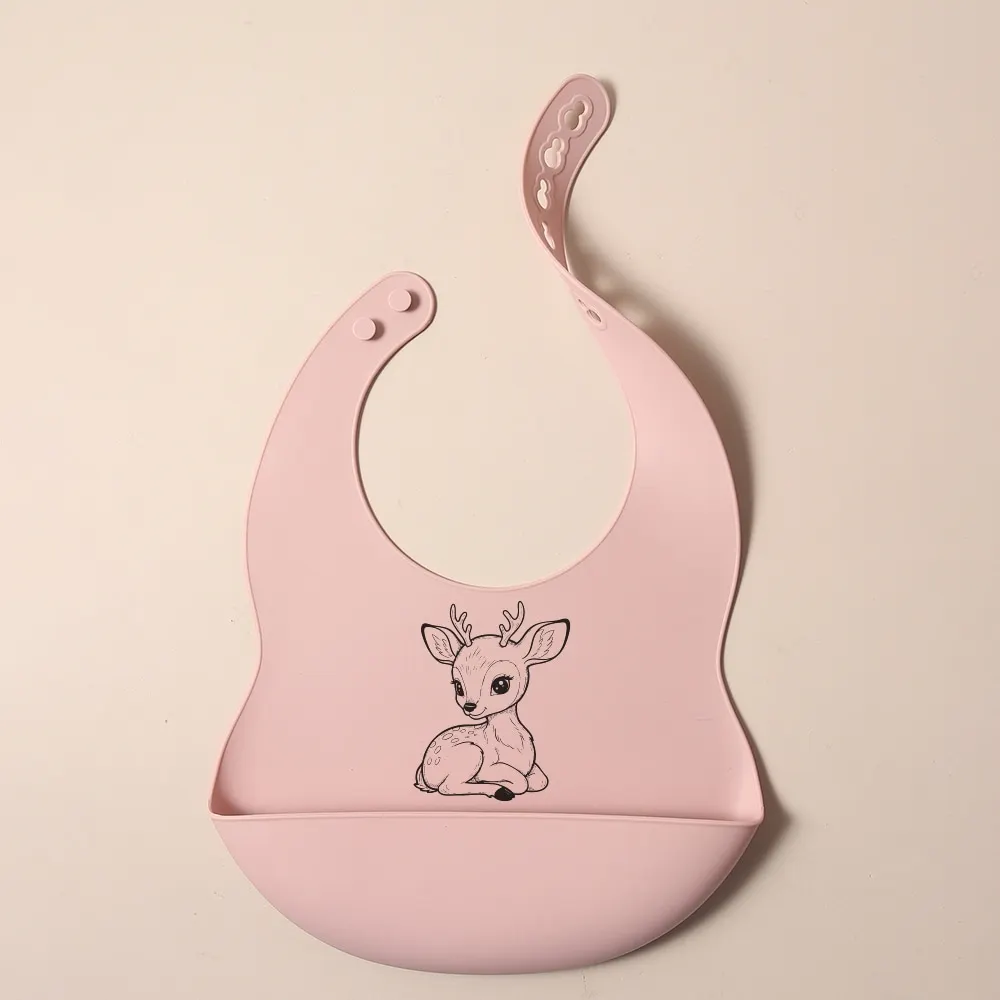 2025 NEW Custom Cartoon Deer Rainbow Silicone Baby Bib with Name & Pattern Food-Grade Solid Feeding Bib DZ31