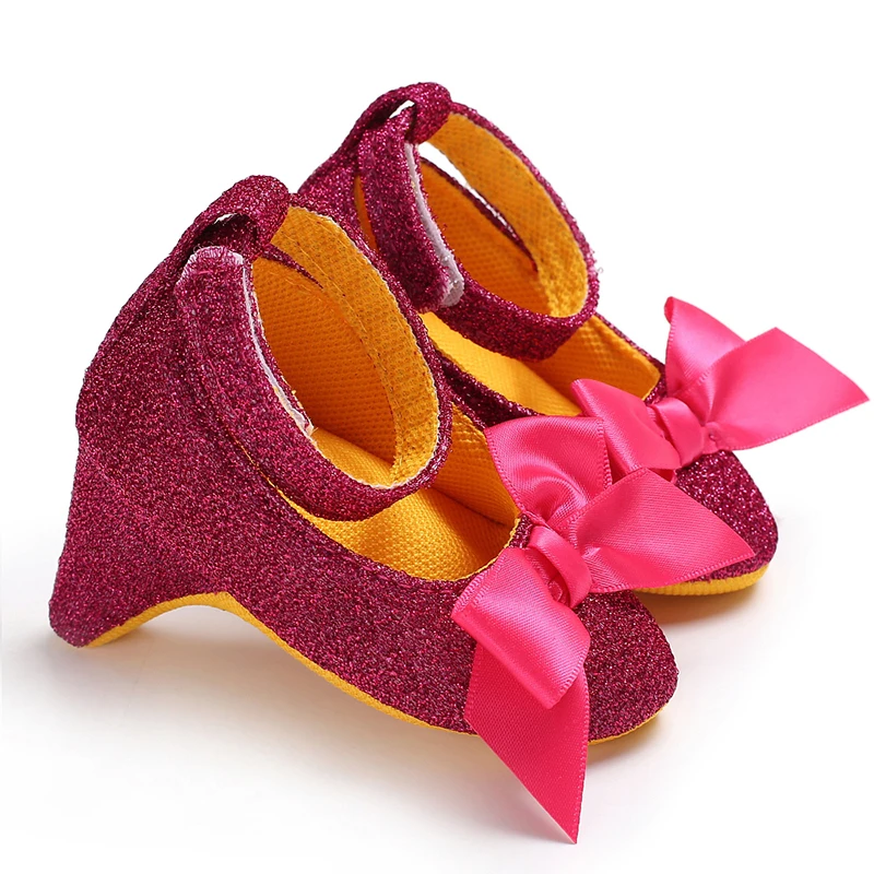 Princess Style Newborn Baby Girl Cute Shoes Solid Color Bow High Heels First Step Toddler Walk Party Dress Footwear