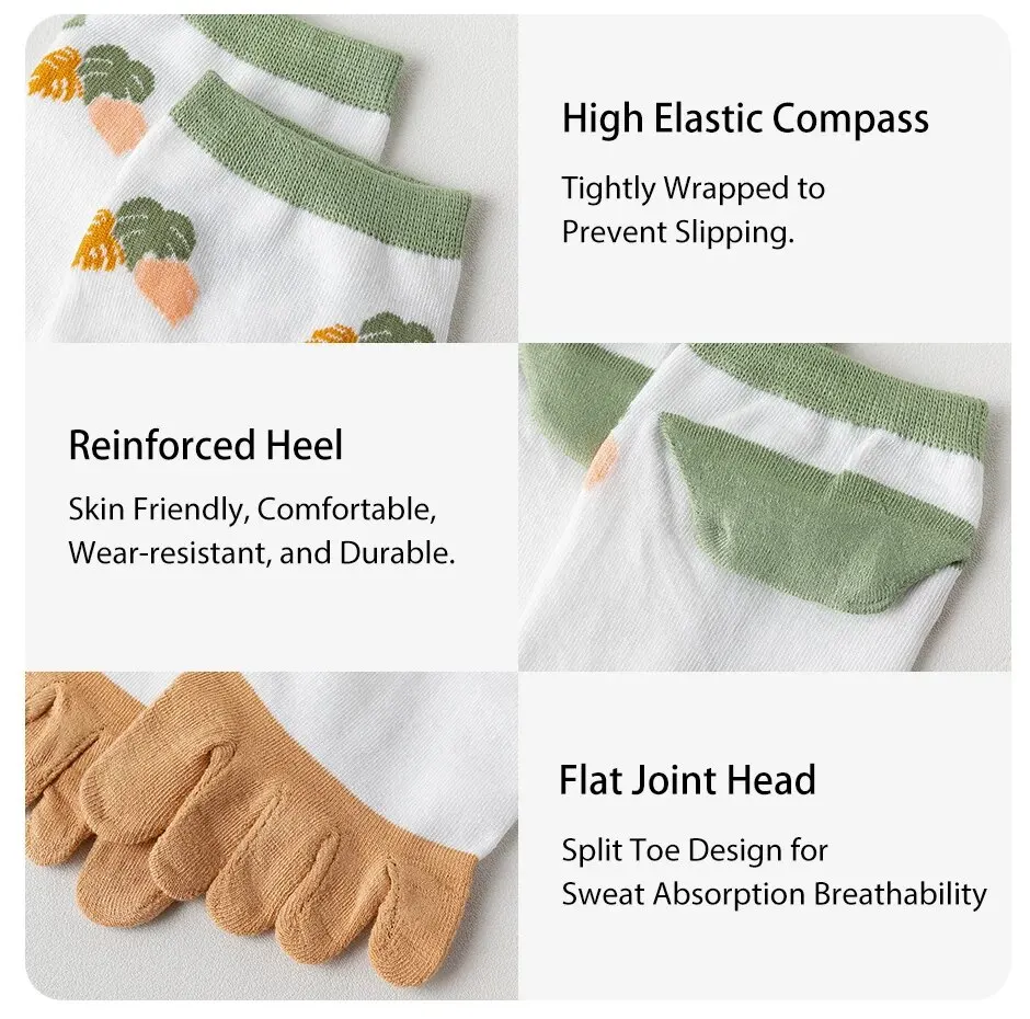 3 Pairs of Women's Spring and sSummer Season Cute and Sweet Fashionable Striped Flower Comfortable Five-finger Split-toe Socks