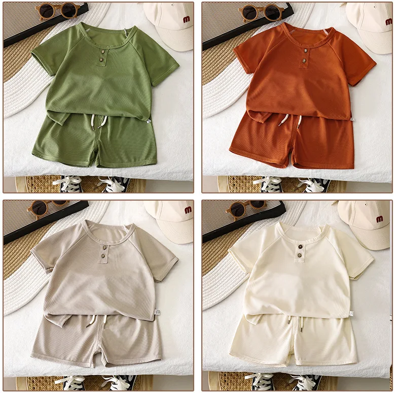 Baby Boys Waffles Clothes Sets Kids Solid Shirt +Shorts 2PCS Suit Toddler Costume Summer Children's Clothing Casual