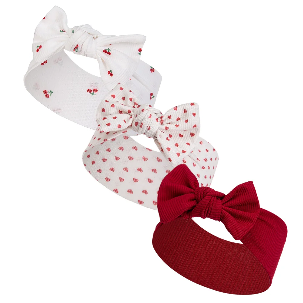 3Pcs/lot Ins Ribbed Baby Girls Headbands Floral Red Heart Dasiy Print Bows Elastic Hair Bands Toddler Vintage Hair Accessories
