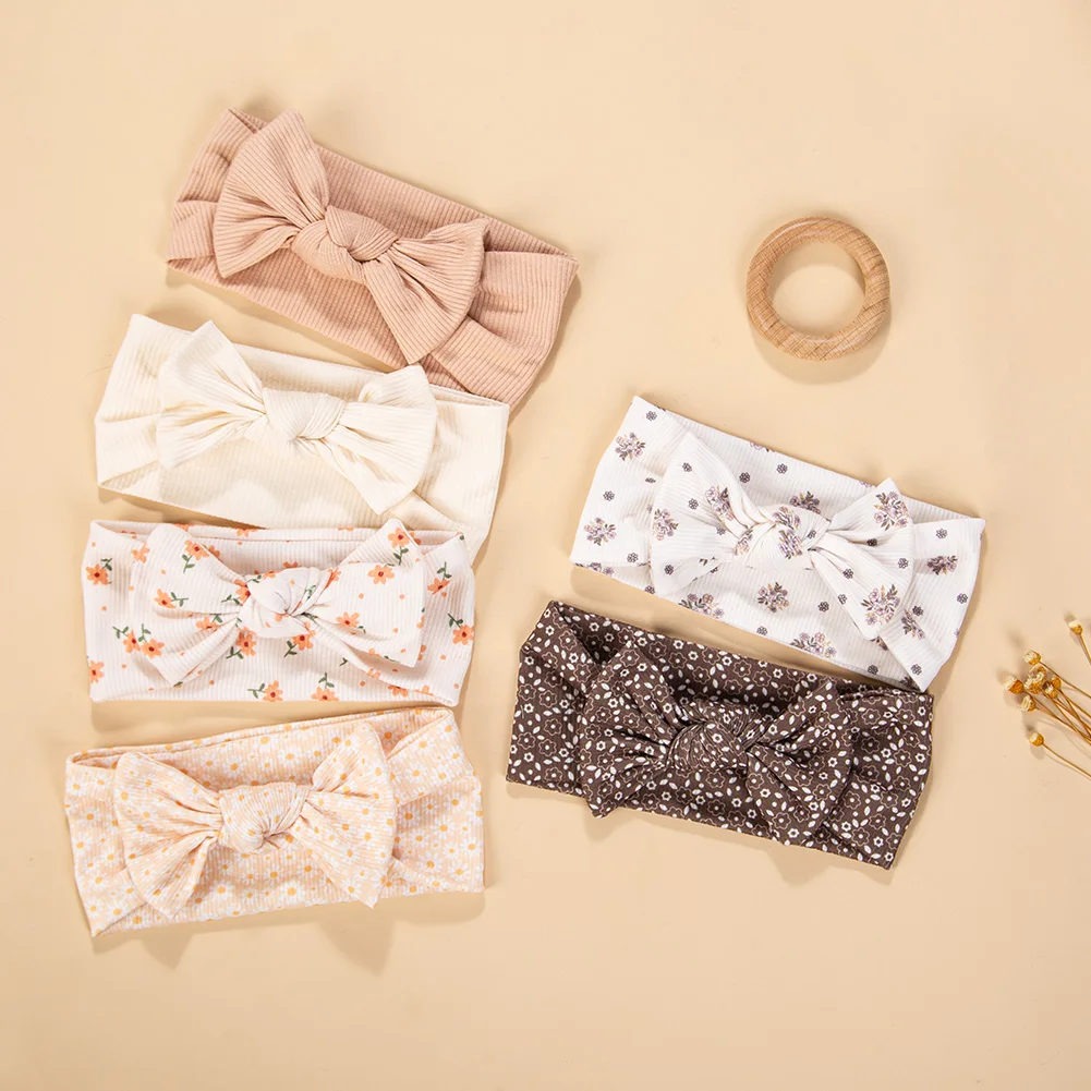3Pcs/lot Ins Ribbed Baby Girls Headbands Floral Red Heart Dasiy Print Bows Elastic Hair Bands Toddler Vintage Hair Accessories