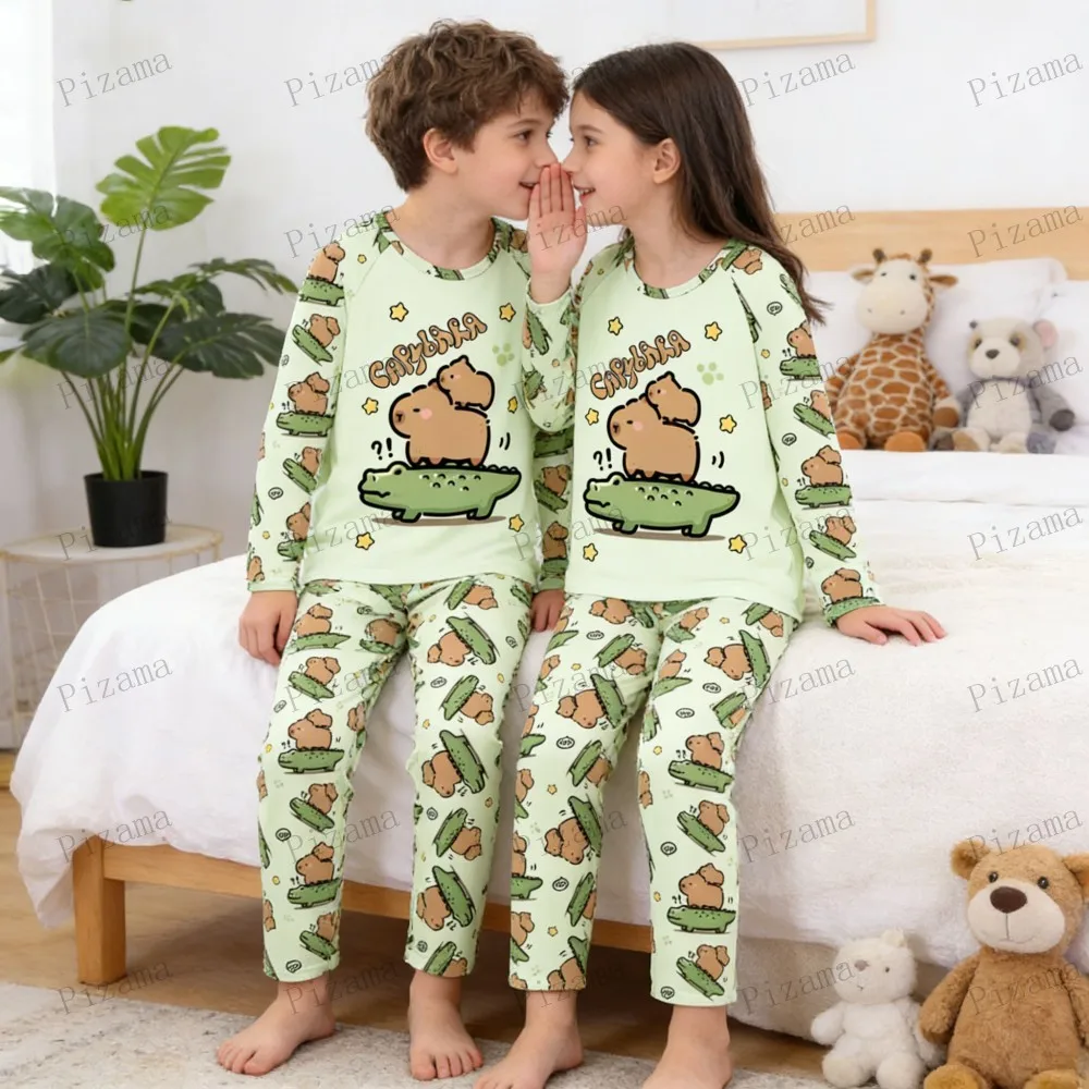 Full Sleeve Capybara Pajamas Sets Children Sleepwear Kids Pyjamas Boys Pjs Pijama Suits for 3 to 14Years Teenager Baby Clothes
