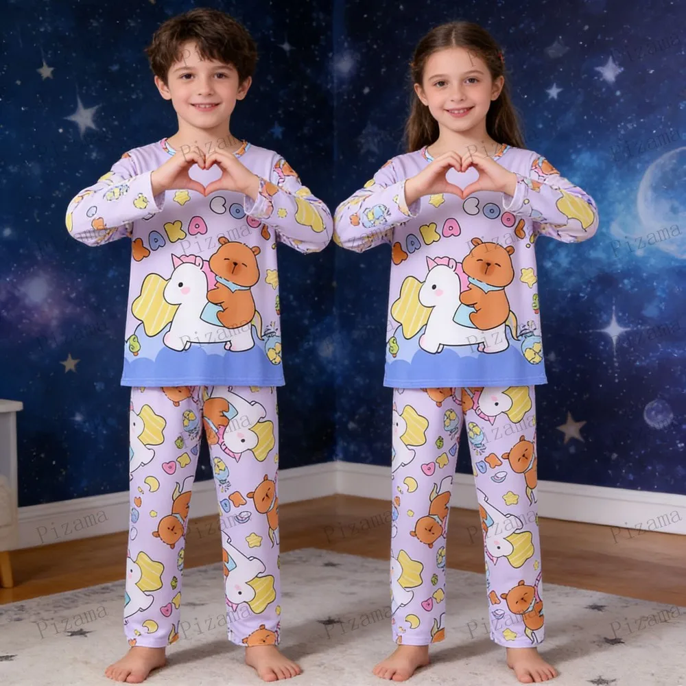 Full Sleeve Capybara Pajamas Sets Children Sleepwear Kids Pyjamas Boys Pjs Pijama Suits for 3 to 14Years Teenager Baby Clothes