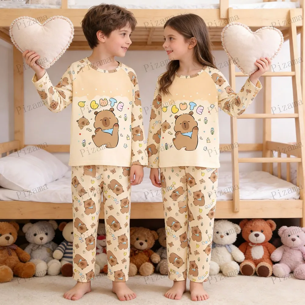 Full Sleeve Capybara Pajamas Sets Children Sleepwear Kids Pyjamas Boys Pjs Pijama Suits for 3 to 14Years Teenager Baby Clothes