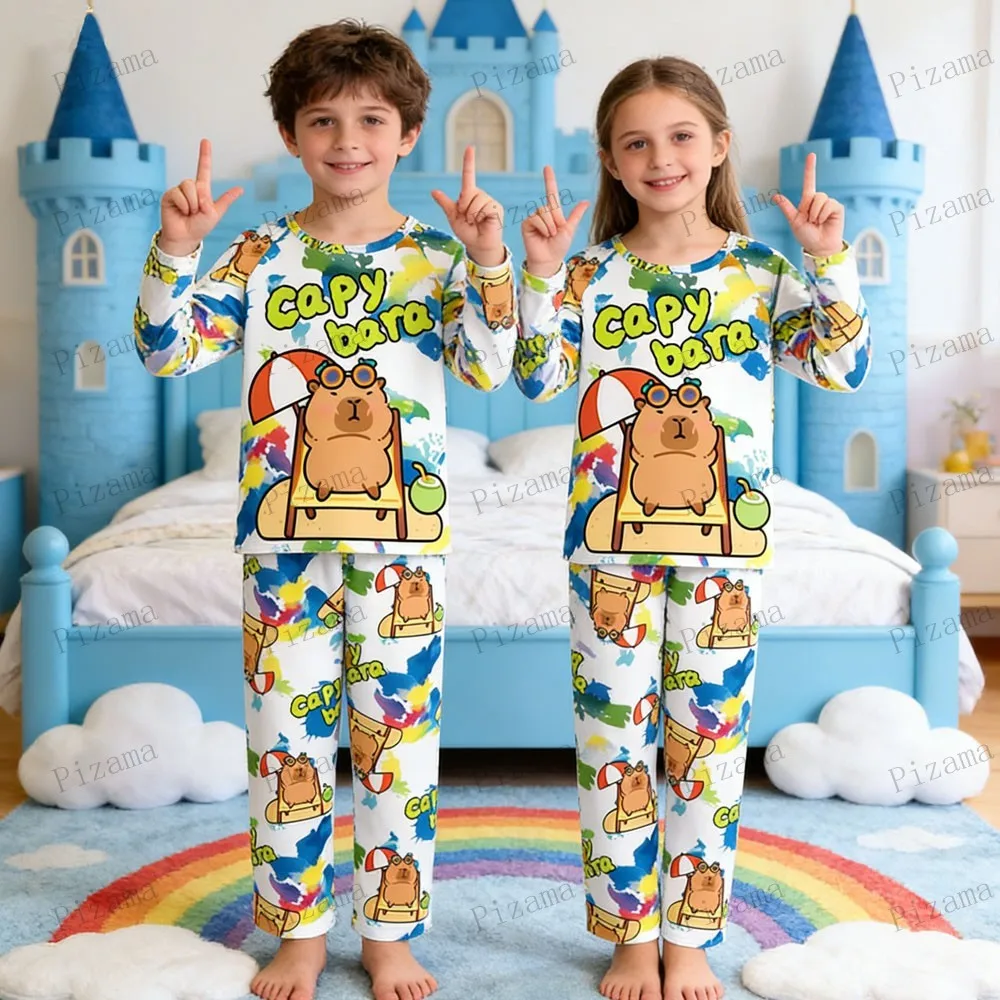 Full Sleeve Capybara Pajamas Sets Children Sleepwear Kids Pyjamas Boys Pjs Pijama Suits for 3 to 14Years Teenager Baby Clothes