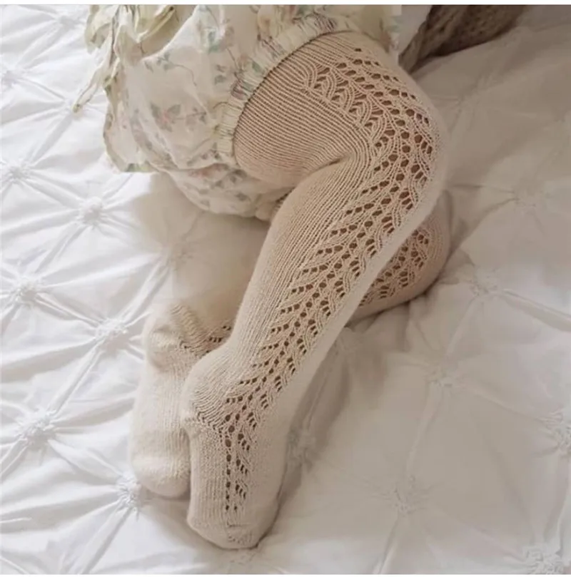Baby Boys Girls Tights Autumn Cotton Kids Toddler Stockings Breathable Solid Cute Infant Hollow Princess Pantyhose For 0-6Yrs