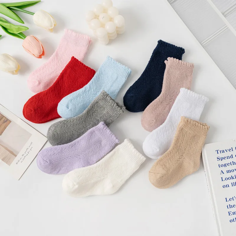 New Baby Boys Girls Socks Solid Breathable Children Short Socks Hollow Out Toddlers Kids Cotton Princess Cute Socks For 0-8Years