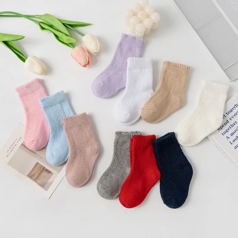 New Baby Boys Girls Socks Solid Breathable Children Short Socks Hollow Out Toddlers Kids Cotton Princess Cute Socks For 0-8Years