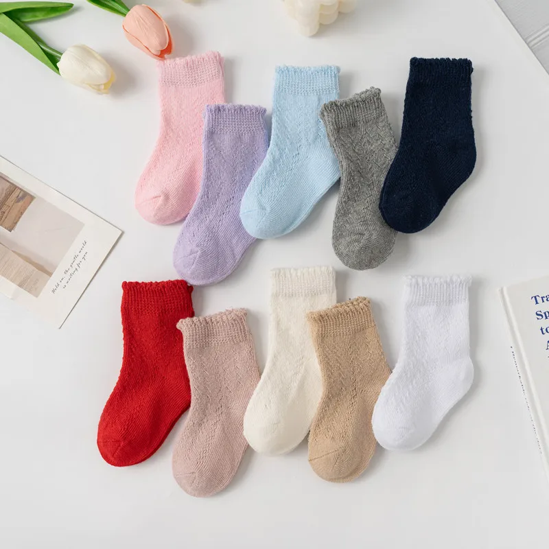 New Baby Boys Girls Socks Solid Breathable Children Short Socks Hollow Out Toddlers Kids Cotton Princess Cute Socks For 0-8Years
