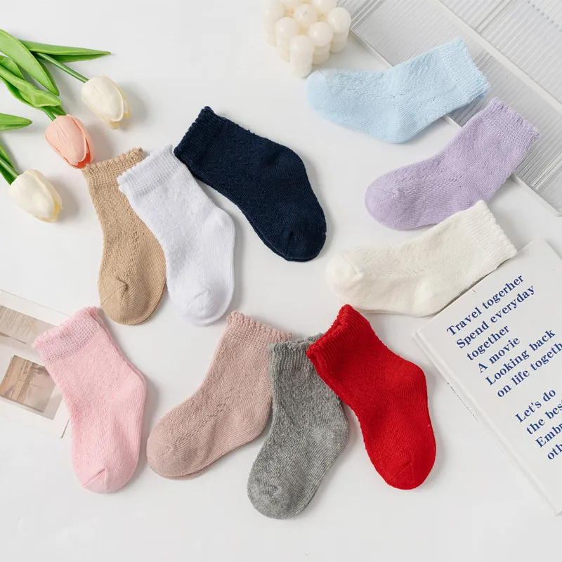 New Baby Boys Girls Socks Solid Breathable Children Short Socks Hollow Out Toddlers Kids Cotton Princess Cute Socks For 0-8Years