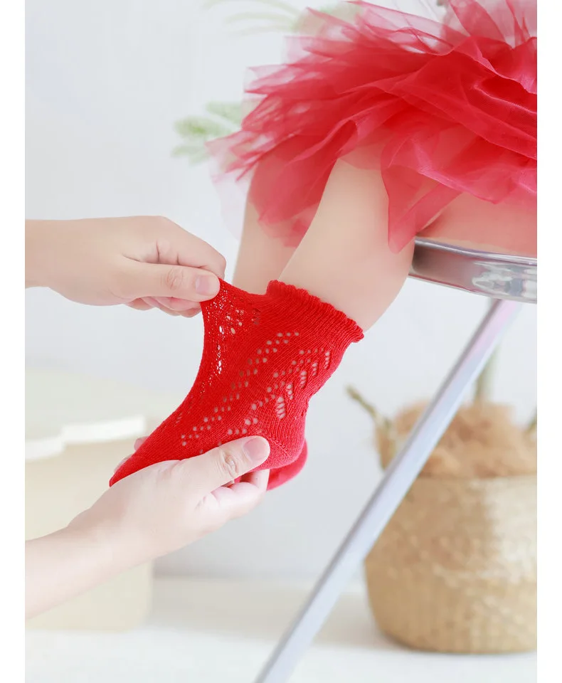 New Baby Boys Girls Socks Solid Breathable Children Short Socks Hollow Out Toddlers Kids Cotton Princess Cute Socks For 0-8Years