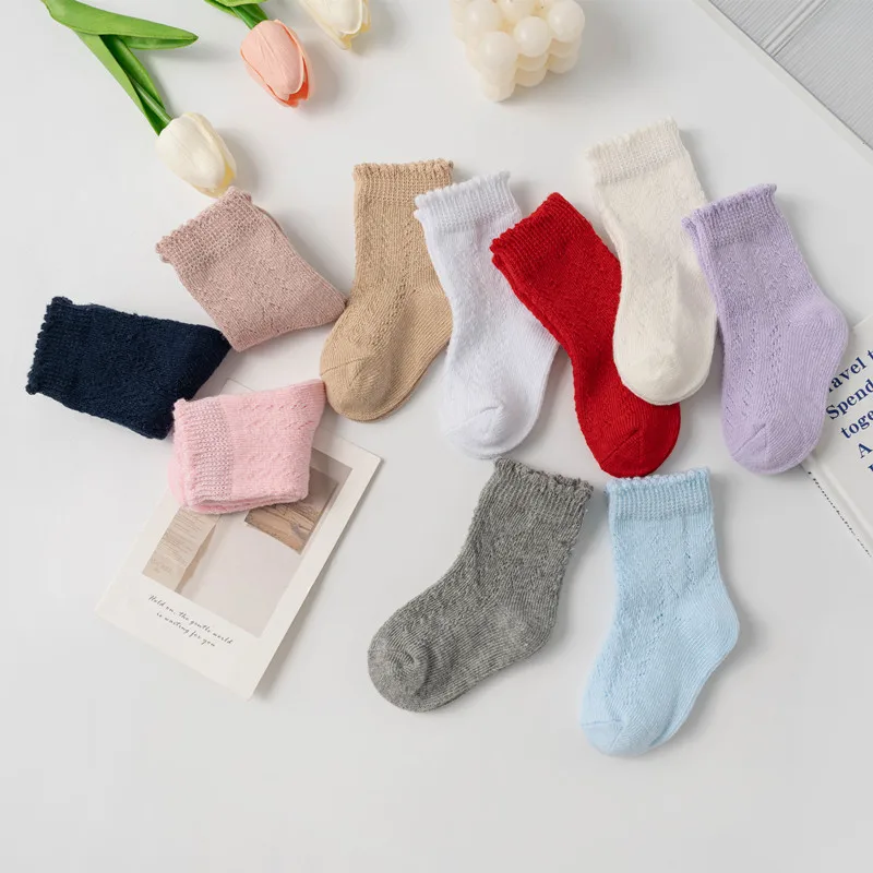 New Baby Boys Girls Socks Solid Breathable Children Short Socks Hollow Out Toddlers Kids Cotton Princess Cute Socks For 0-8Years