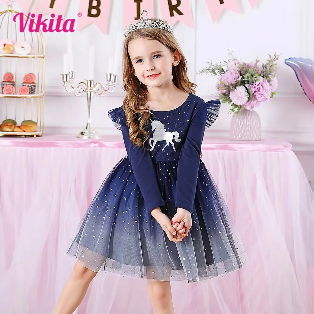 VIKITA Kids Unicorn Dresses for Girls Birthday Party Prom Gown Princess Dress Kids Long Sleeve Spring Autumn Dress Girl Clothes
