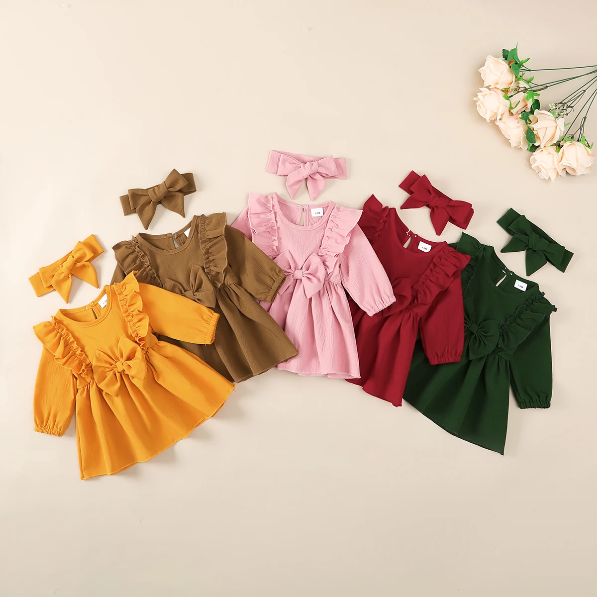 Baby Girl Autumn Dress Ruffled Edges and Bow, Long-Sleeved Dress+Headband for 0-18 Months Cute Baby Girl Holiday Party Costume