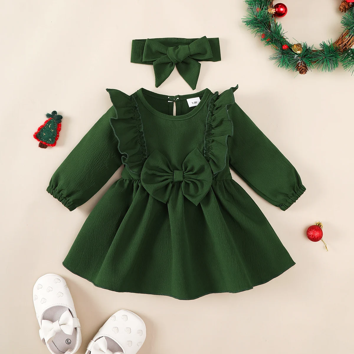 Baby Girl Autumn Dress Ruffled Edges and Bow, Long-Sleeved Dress+Headband for 0-18 Months Cute Baby Girl Holiday Party Costume