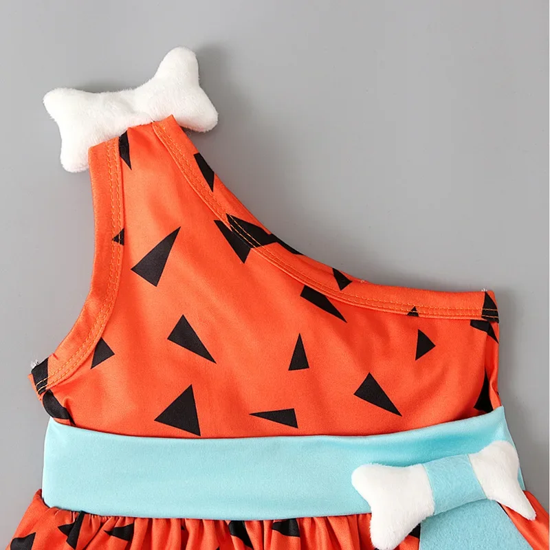 Halloween Caveman Dress For Girls Boys Clothes Off Shoulder Dog Bones Dresses Historical Stone Age Party Kids Halloween Costume
