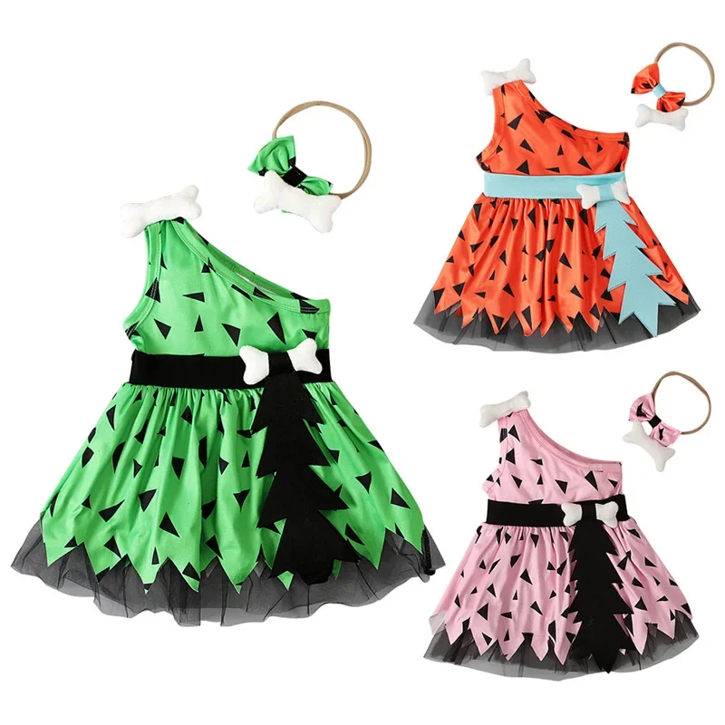 Halloween Caveman Dress For Girls Boys Clothes Off Shoulder Dog Bones Dresses Historical Stone Age Party Kids Halloween Costume