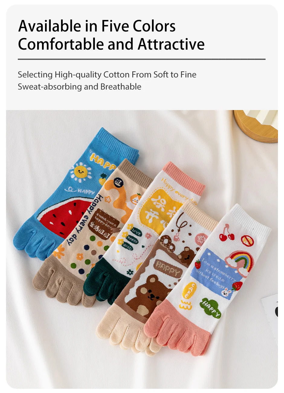 3 Pairs of Women's Four-season Mid-tube Fruit Letter Slogan Bear Cute and Sweet Girl Fashion Cotton Five-toe Socks