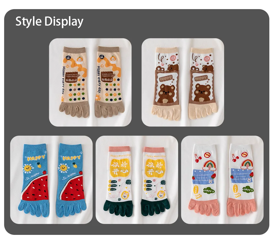 3 Pairs of Women's Four-season Mid-tube Fruit Letter Slogan Bear Cute and Sweet Girl Fashion Cotton Five-toe Socks