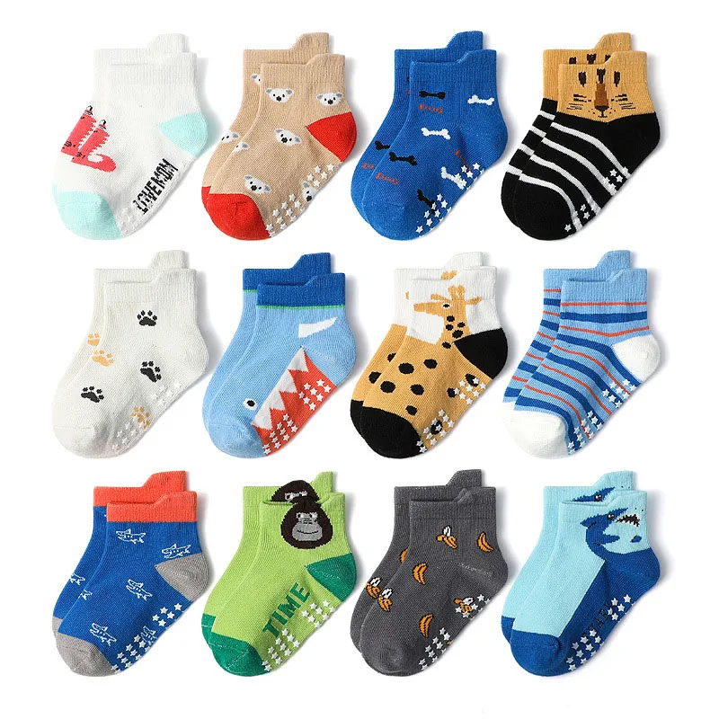 6 Pairs Kids Socks Cartoon Animal Pattern Cotton Non-Slip Floor Socks for Boys Toddler All-Season