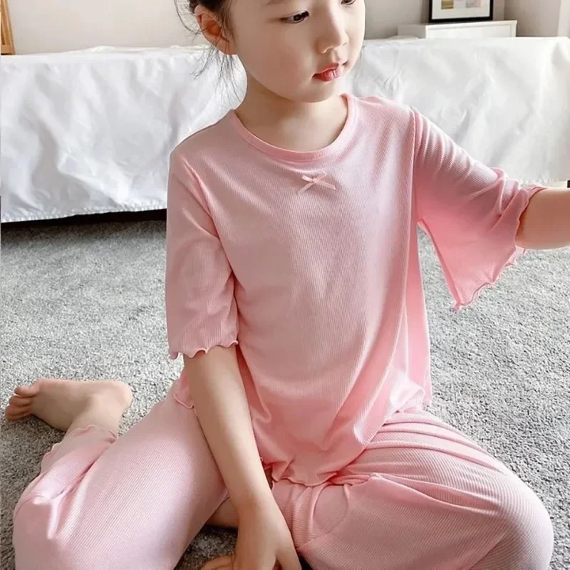 Girls Sets Summer Thin Children Short Sleeve Set Ice Silk 2pcs Homewear Clothes 2-10 Years Girl Pure Color Kids Pajamas
