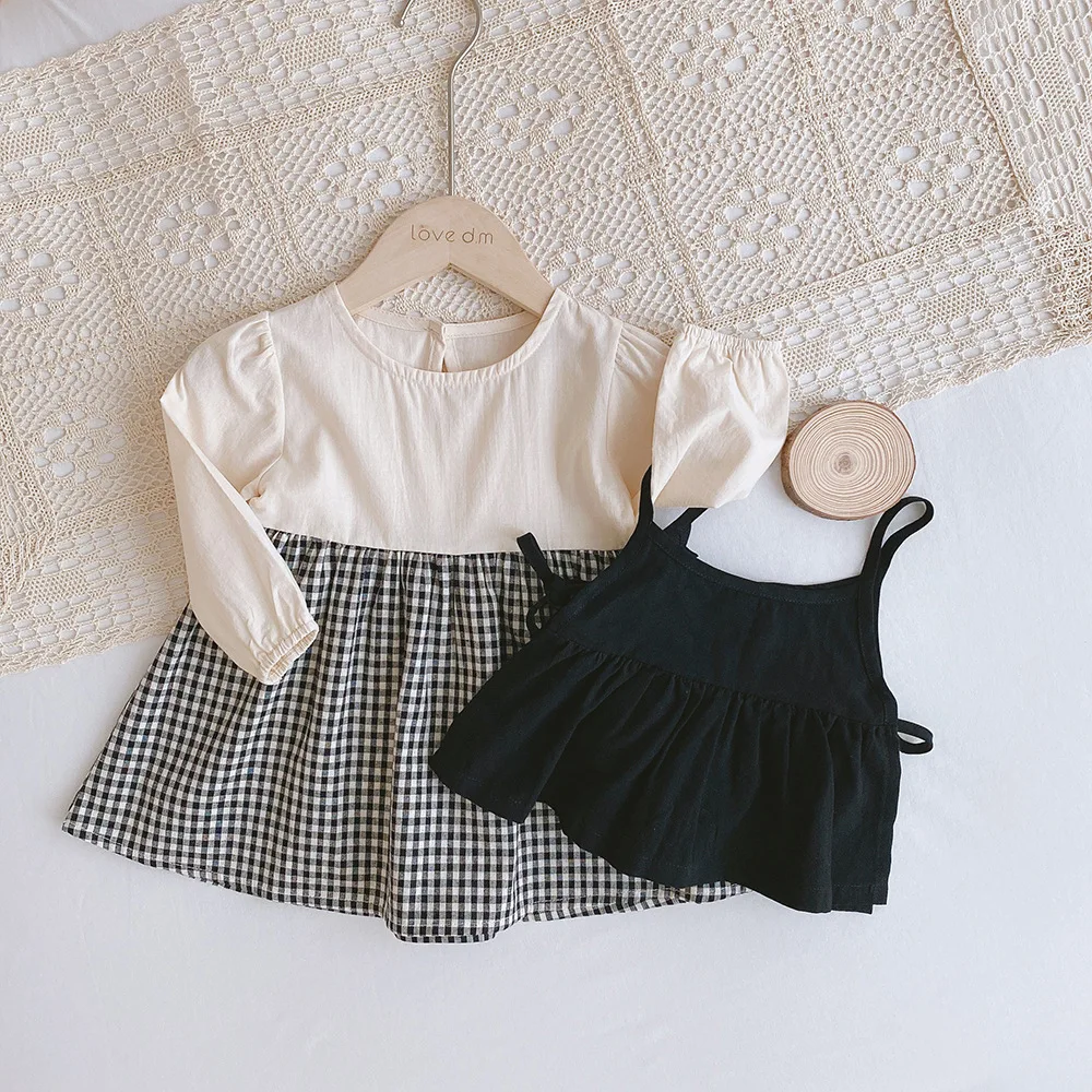Korean Version Spring and Autumn 1-5 Years Old Sisters Suit Long Sleeve Plaid Dress+suspender Vest Two-piece Baby Jumpsuit