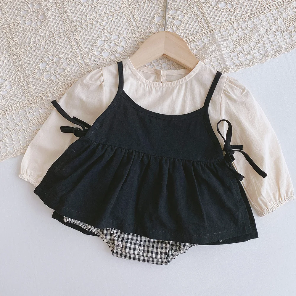 Korean Version Spring and Autumn 1-5 Years Old Sisters Suit Long Sleeve Plaid Dress+suspender Vest Two-piece Baby Jumpsuit
