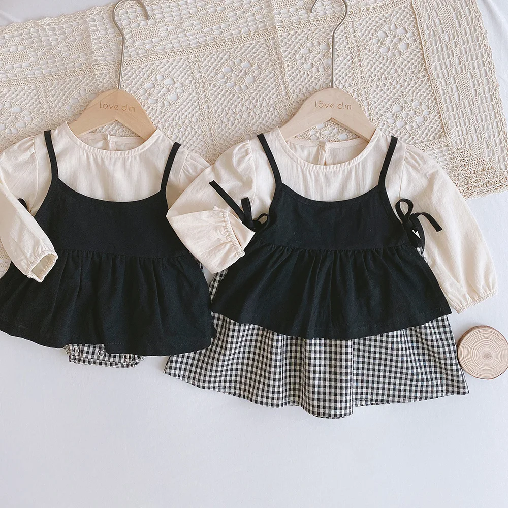 Korean Version Spring and Autumn 1-5 Years Old Sisters Suit Long Sleeve Plaid Dress+suspender Vest Two-piece Baby Jumpsuit