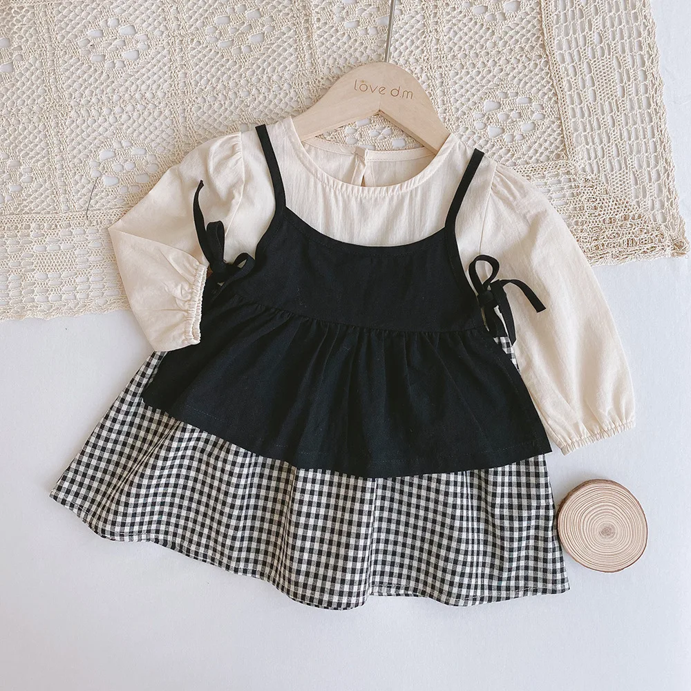 Korean Version Spring and Autumn 1-5 Years Old Sisters Suit Long Sleeve Plaid Dress+suspender Vest Two-piece Baby Jumpsuit