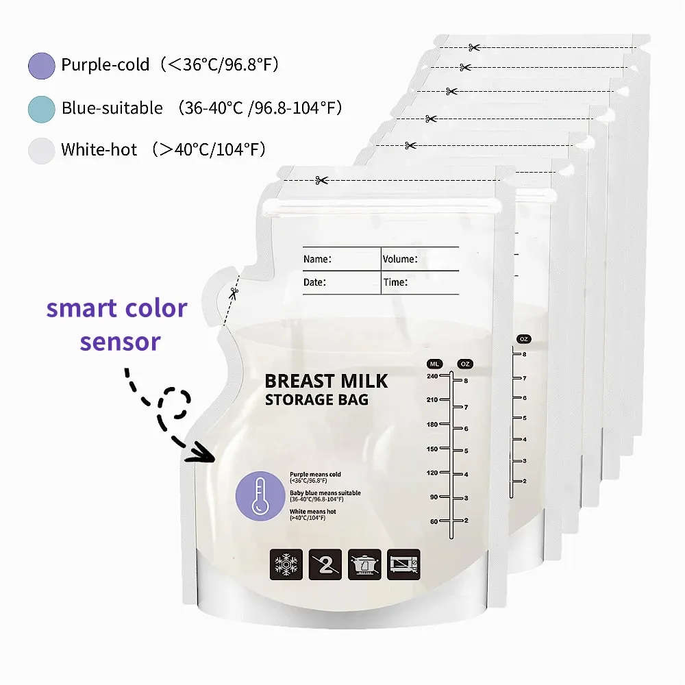 60 Pack Temperature Sensitive Breast Milk Storage Bags -Food Grade PE, Transparent with Measurement Lines, Disposable & Leakpro