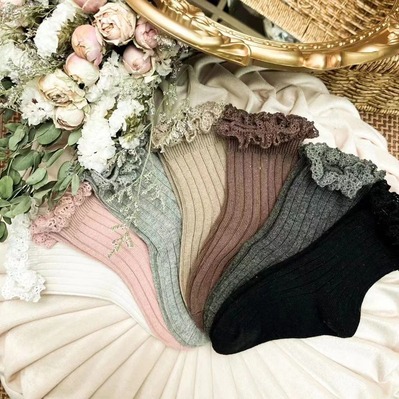 Ruffle Girls Knee High Socks Baby Kids Toddlers Long Soft Cotton Sock Lace Flower Children School Uniform Socks For 0-8Years