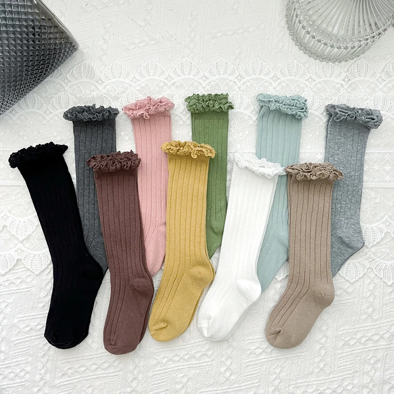 Ruffle Girls Knee High Socks Baby Kids Toddlers Long Soft Cotton Sock Lace Flower Children School Uniform Socks For 0-8Years