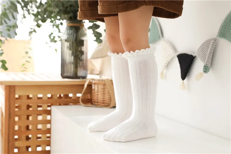 Ruffle Girls Knee High Socks Baby Kids Toddlers Long Soft Cotton Sock Lace Flower Children School Uniform Socks For 0-8Years