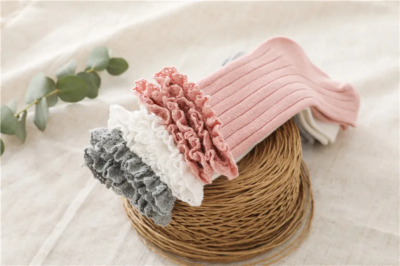 Ruffle Girls Knee High Socks Baby Kids Toddlers Long Soft Cotton Sock Lace Flower Children School Uniform Socks For 0-8Years