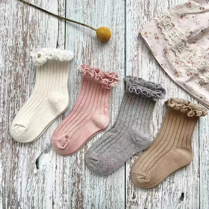 Ruffle Girls Knee High Socks Baby Kids Toddlers Long Soft Cotton Sock Lace Flower Children School Uniform Socks For 0-8Years