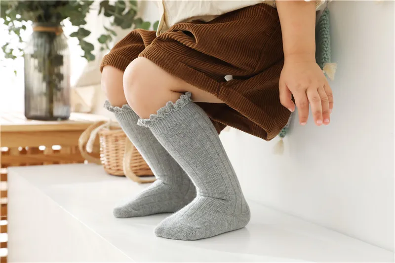Ruffle Girls Knee High Socks Baby Kids Toddlers Long Soft Cotton Sock Lace Flower Children School Uniform Socks For 0-8Years