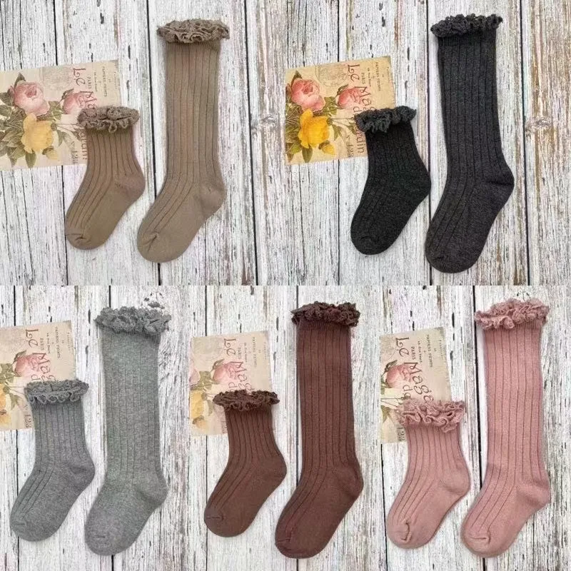 Ruffle Girls Knee High Socks Baby Kids Toddlers Long Soft Cotton Sock Lace Flower Children School Uniform Socks For 0-8Years