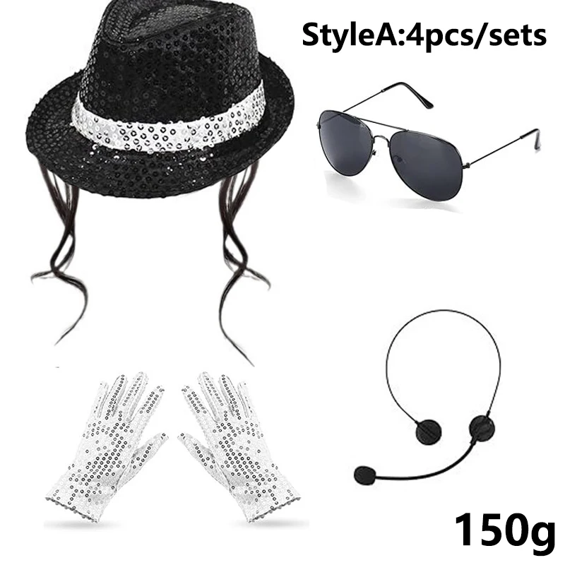 70 80s Superstars Michael Jackson Cosplay Prop MJ Hat with Wig Glove Glasses Set Fans Performance Costume Birthday Dance Gifts
