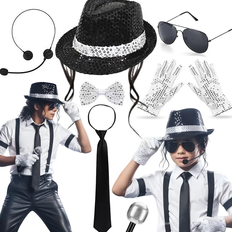 70 80s Superstars Michael Jackson Cosplay Prop MJ Hat with Wig Glove Glasses Set Fans Performance Costume Birthday Dance Gifts