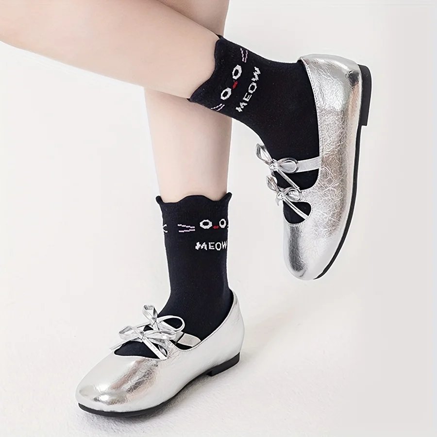 5 Pairs of Kidsren's Socks Cartoon Cute Kitten Stripesd Pattern All Year Round Baby Boy and Girl Color Matching Cat Mid-Calf Socks Suitable for Daily Life